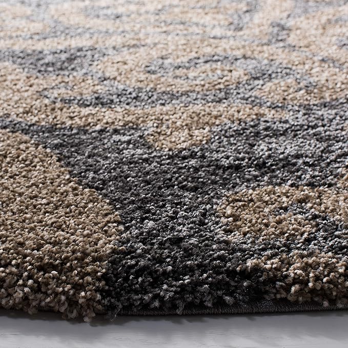 SAFAVIEH Florida Shag Collection 6'7" Round Grey/Beige SG462 Damask Non-Shedding Living Room Bedroom Dining Room Entryway Plush 1.2-inch Thick Area Rug