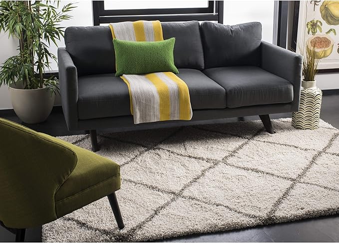 SAFAVIEH Hudson Shag Collection Accent Rug - 3' x 5', Ivory & Grey, Modern Trellis Design, Non-Shedding & Easy Care, 2-inch Thick Ideal for High Traffic Areas in Foyer, Living Room, Bedroom (SGH281A)