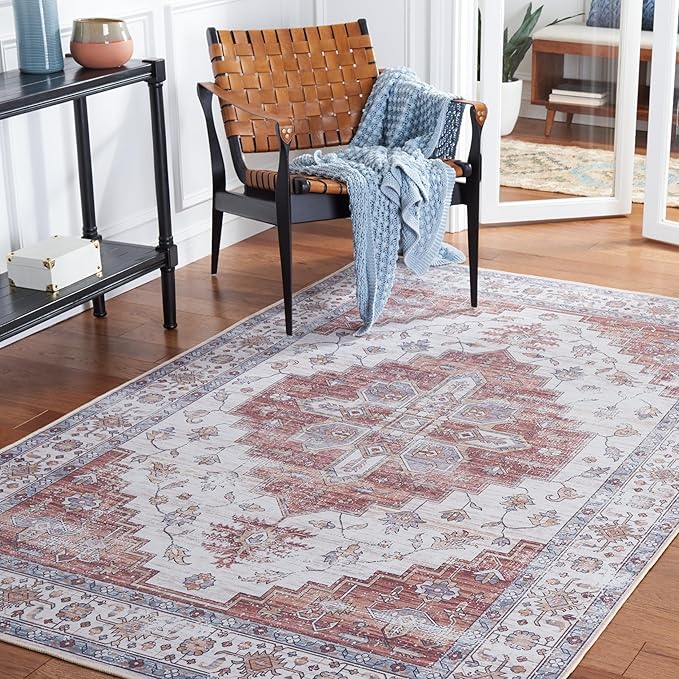 SAFAVIEH Washable Rug Tucson Collection - 5' x 8', Ivory & Rust, Slip Resistant & Easy to Clean, Ideal for Living Room, Bedroom, Dining Space (TSN109A)