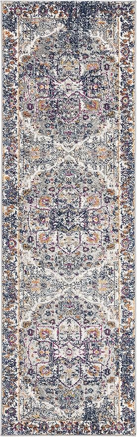 SAFAVIEH Evoke Collection Runner Rug - 2'2" x 7', Grey & Navy, Oriental Medallion Distressed Design, Non-Shedding & Easy Care, Ideal for High Traffic Areas in Living Room, Bedroom (EVK275G)