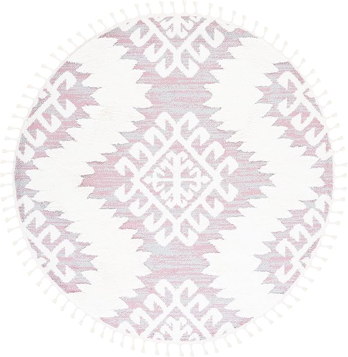 SAFAVIEH Moroccan Tassel Shag Collection Area Rug - 6'7" Round, Pink & Ivory, Boho Rustic Trellis, Non-Shedding & Easy Care, 2-inch Thick Ideal for High Traffic Areas in Living Room, Bedroom (MTS652U)