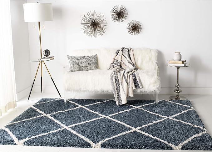 SAFAVIEH Hudson Shag Collection 7' Square Slate Blue/Ivory SGH281L Modern Diamond Trellis Non-Shedding Living Room Bedroom Dining Room Entryway Plush 2-inch Thick Area Rug
