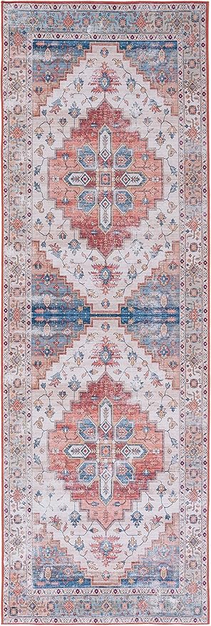 SAFAVIEH Washable Rug Tucson Collection - 2'6' x 20' Runner, Beige & Blue, Slip Resistant & Easy to Clean, Ideal for Living Room, Hallway, Foyer, Entryway, Bedroom (TSN109B)