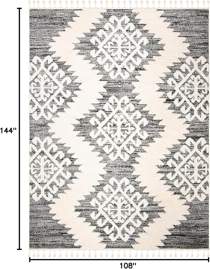 SAFAVIEH Moroccan Tassel Shag Collection Area Rug - 9' x 12', Ivory & Grey, Boho Design, Non-Shedding & Easy Care, 2-inch Thick Ideal for High Traffic Areas in Living Room, Bedroom (MTS652F)