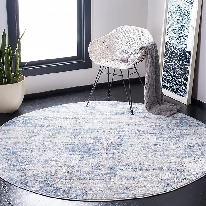 SAFAVIEH Amelia Collection Area Rug - 9' Round, Ivory & Blue, Modern Abstract Design, Non-Shedding & Easy Care, Ideal for High Traffic Areas in Living Room, Bedroom (ALA700A)