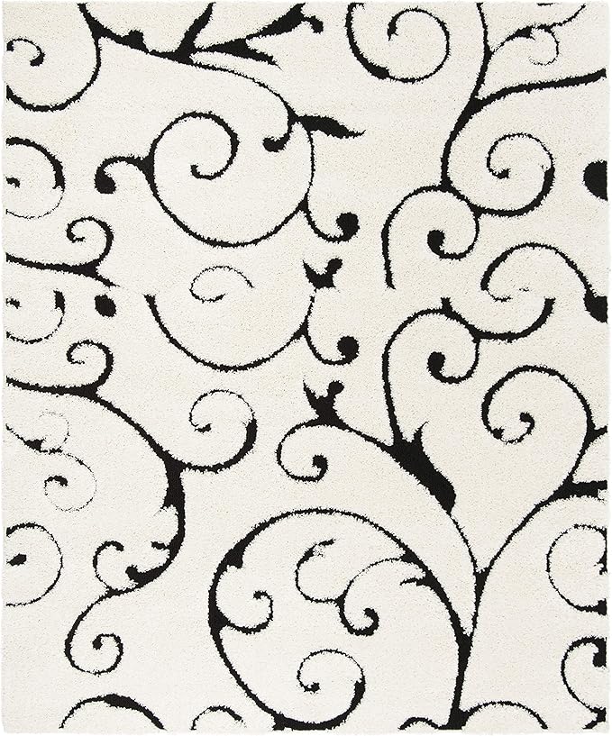 SAFAVIEH Florida Shag Collection Area Rug - 8' Square, Ivory & Black, Scroll Design, Non-Shedding & Easy to Clean, High-Low Plush Pile, Ideal for Living Room, Bedroom, Dining Space (SG455-1290)