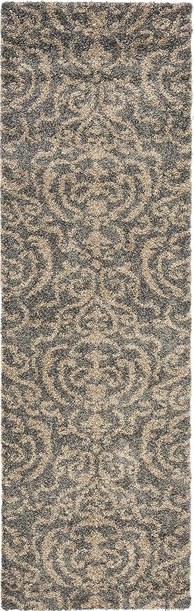 SAFAVIEH Florida Shag Collection Runner Rug - 2'3" x 9', Grey & Beige, Damask Design, Non-Shedding & Easy Care, 1.2-inch Thick Ideal for High Traffic Areas in Living Room, Bedroom (SG462-8013)