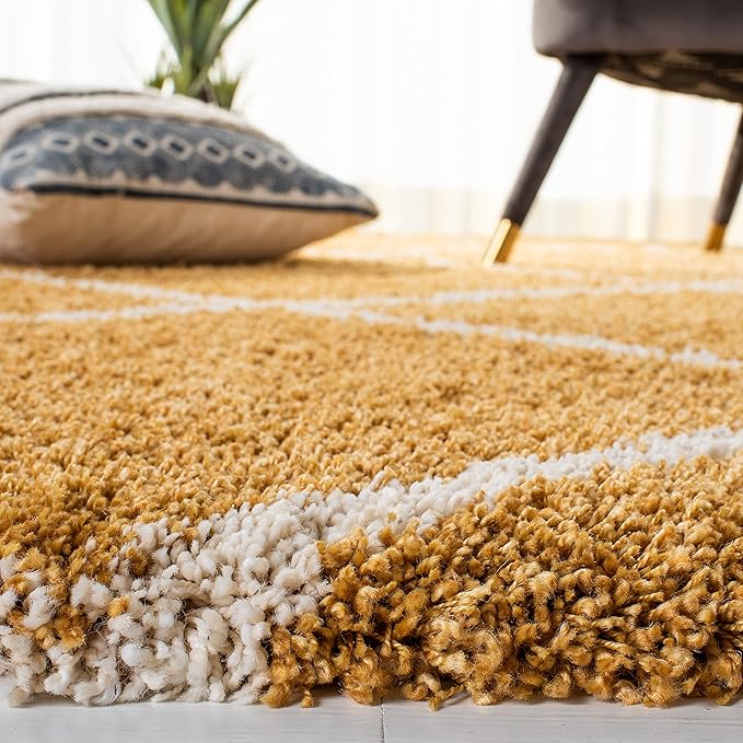 SAFAVIEH Hudson Shag Collection Area Rug - 7' Square, Gold & Ivory, Moroccan Trellis Design, Non-Shedding & Easy Care, 2-inch Thick Ideal for High Traffic Areas in Living Room, Bedroom (SGH281F)