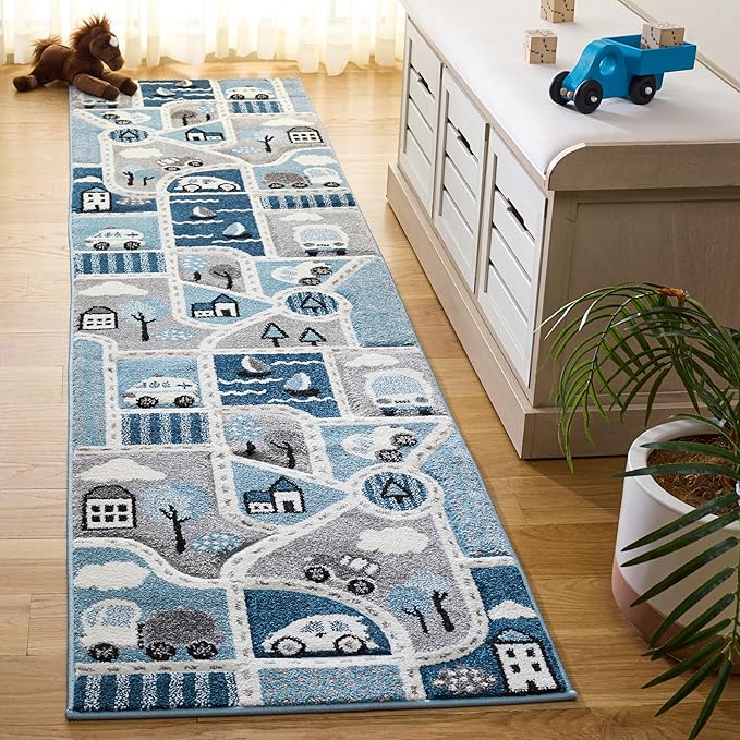 SAFAVIEH Carousel Kids Collection Runner Rug - 2'3" x 8', Grey & Blue, Non-Shedding & Easy Care, Ideal for High Traffic Areas for Boys & Girls in Playroom, Nursery, Bedroom (CRK193M)