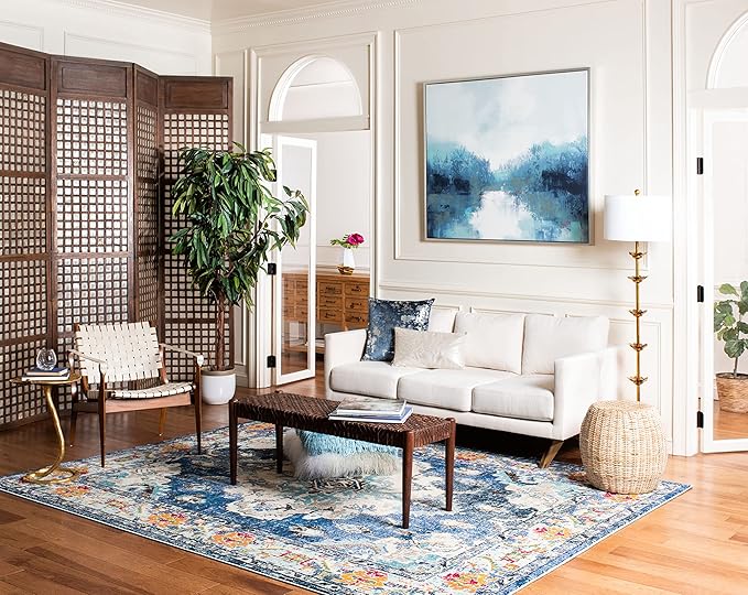 SAFAVIEH Monaco Collection Area Rug - 8' Round, Navy & Light Blue, Non-Shedding & Easy to Clean, Distressed Medallion Design, Ideal for Living Room, Bedroom, Dining Space (MNC243N)