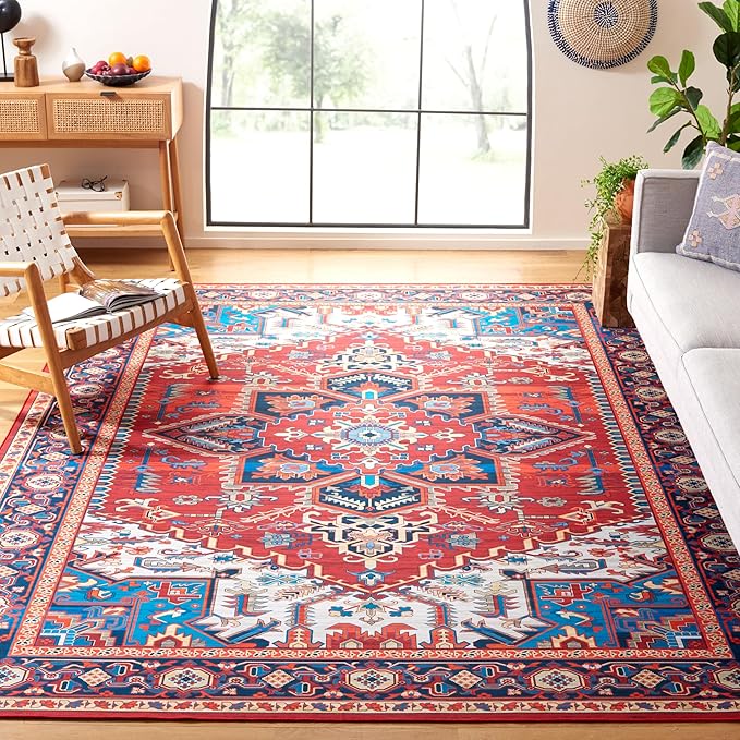 SAFAVIEH Washable Rug Tucson Collection - 8' x 10', Red & Blue, Slip Resistant & Easy to Clean, Ideal for Living Room, Bedroom, Dining Space (TSN101Q)