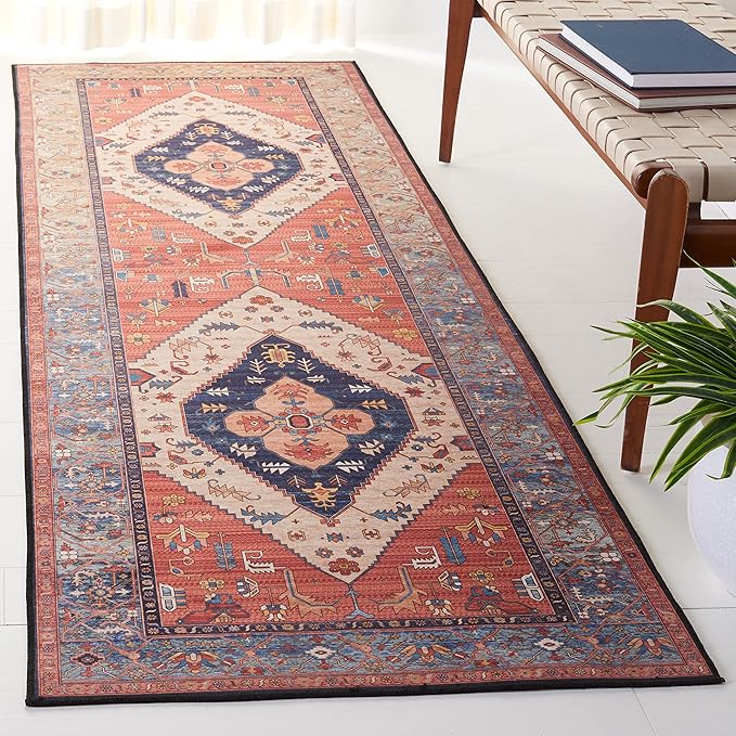 SAFAVIEH Washable Rug Tucson Collection - 2'6" x 12' Runner, Rust & Blue, Slip Resistant & Easy to Clean, Ideal for Living Room, Bedroom, Dining Space (TSN153P)