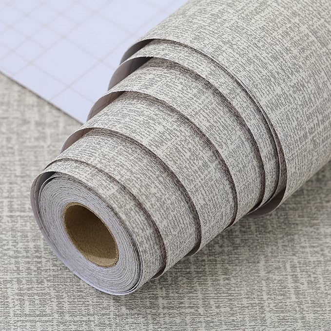 Peel and Stick Wallpaper Grey Grass Cloth Wall Paper - 15.7 x 500 Inch Self Adhesive Wallpaper Peel and Stick, Easy to Paste Wall Contact Paper for Stand Liner, Table and Door Makeover Decor