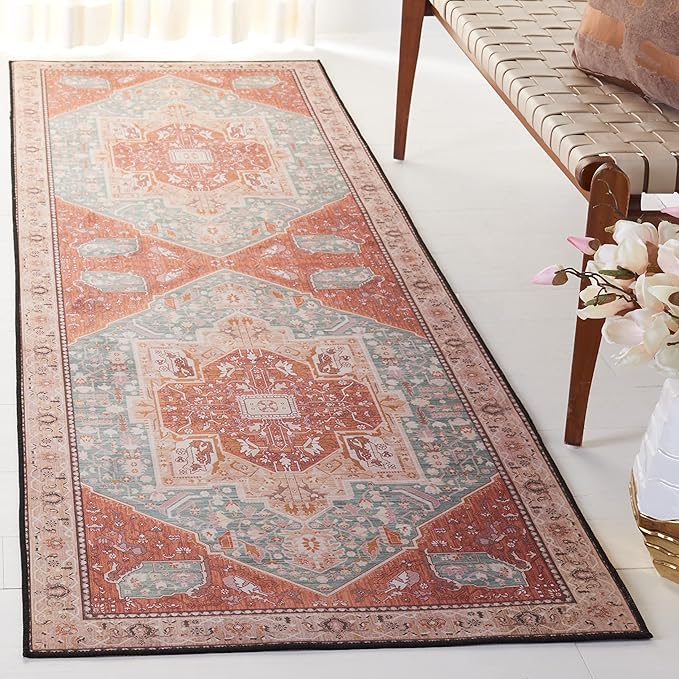 SAFAVIEH Washable Rug Tucson Collection - 2'6' x 8' Runner, Aqua & Rust, Slip Resistant & Easy to Clean, Ideal for Hallway, Foyer, Entryway, Bedroom (TSN150J)