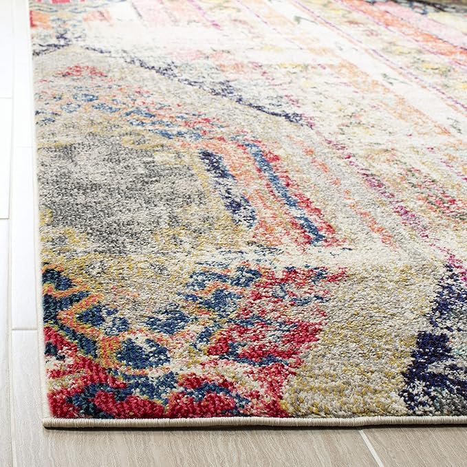 SAFAVIEH Monaco Collection Runner Rug - 2'2" x 20', Light Grey & Multi, Boho Chic Tribal Distressed Design, Non-Shedding & Easy Care, Ideal for High Traffic Areas in Living Room, Bedroom (MNC222G)