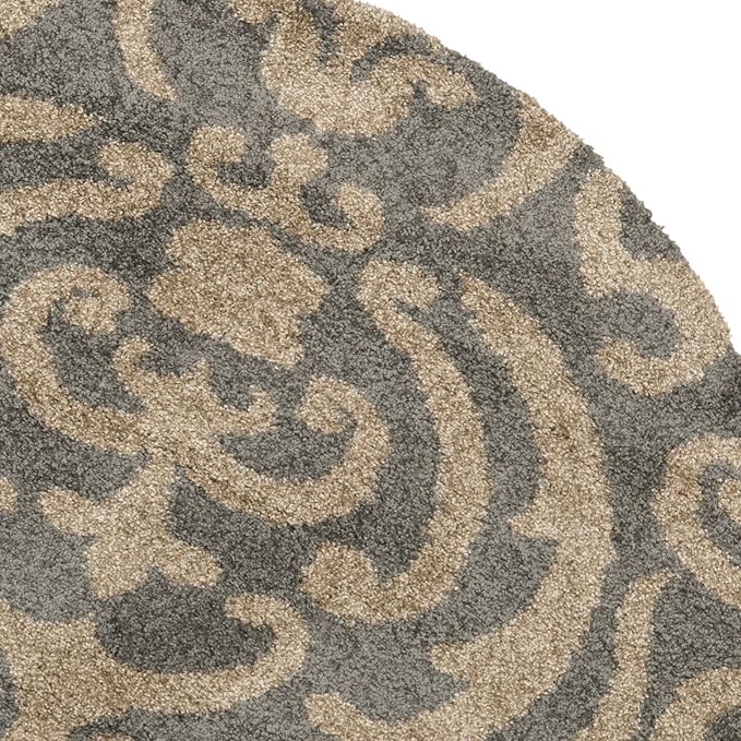 SAFAVIEH Florida Shag Collection 5' Round Grey/Beige SG462 Damask Non-Shedding Living Room Bedroom Dining Room Entryway Plush 1.2-inch Thick Area Rug
