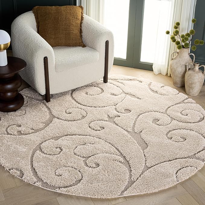 SAFAVIEH Florida Shag Collection Area Rug - 11' Round, Cream & Beige, Scroll Design, Non-Shedding & Easy to Clean, High-Low Plush Pile, Ideal for Living Room, Bedroom, Dining Space (SG455-1113)
