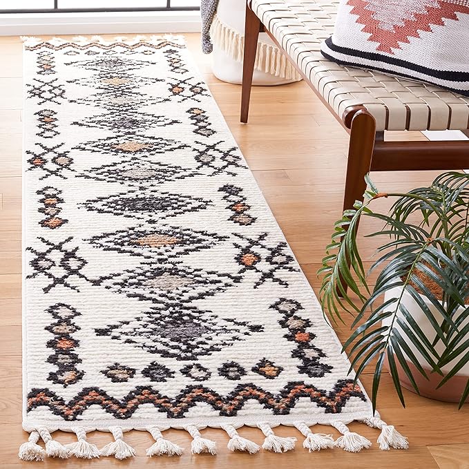 SAFAVIEH Moroccan Tassels Collection Runner Rug - 2'2" x 9', Ivory & Orange, Modern Boho Rustic Design, Non-Shedding & Easy Care, Ideal for High Traffic Areas in Living Room, Bedroom (MRT105A)