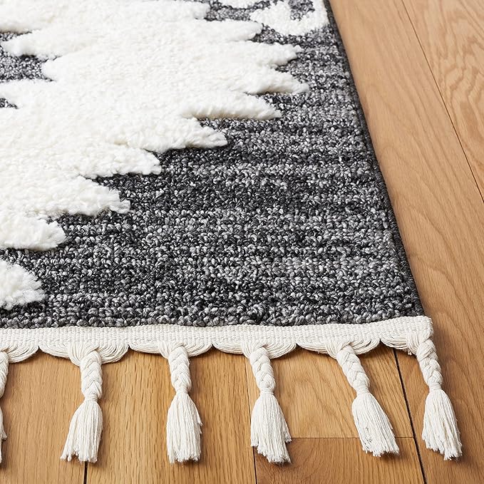 SAFAVIEH Moroccan Tassel Shag Collection Area Rug - 3' Round, Dark Grey & Ivory, Plush 2-inch Thick, Ideal for High Traffic Areas in Living Room, Bedroom, Dining Room (MTS652H-3R)