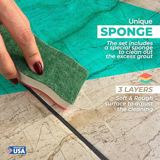 Pentausa Premixed Acrylic Sanded Tile Grout Repair Kit - Ready to Use Grout Renew Filler for Bathroom, Shower, & Kitchen Tile with Grout Removal Tool, Applicator & Sponge, (8.8 Oz - 250gr) (Black)
