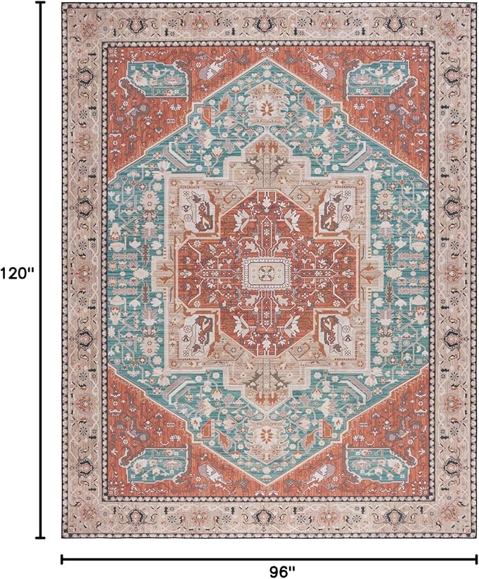 SAFAVIEH Washable Rug Tucson Collection - 8' x 10', Aqua & Rust, Slip Resistant & Easy to Clean, Ideal for Living Room, Bedroom, Dining Space (TSN150J)