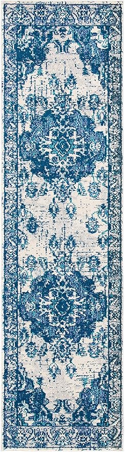 SAFAVIEH Monaco Collection Runner Rug - 2'2" x 12', Ivory & Blue, Non-Shedding & Easy to Clean, Distressed Medallion Design, Ideal for Hallway, Kitchen Foyer, Entryway (MNC243A)