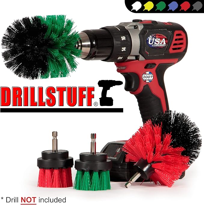4-Piece Cordless Drill Scrub Brush Attachment Kit, Medium Green and Stiff Red Versions, Stainless Steel Handle