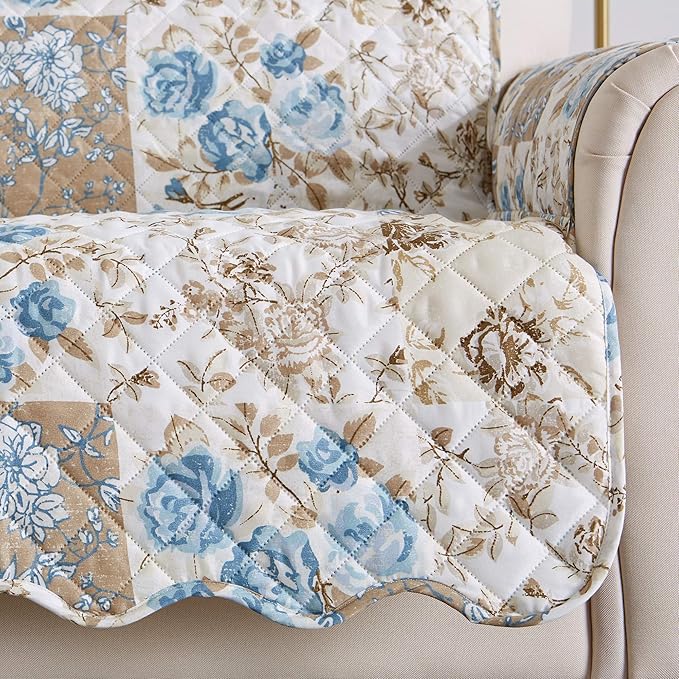 Great Bay Home Reversible Floral Patchwork Furniture Protector - Machine Washable, Scalloped Edge, Stain Resistant, Printed Furniture Cover for Dogs, Kids, and Pets (Loveseat, Taupe/Blue)