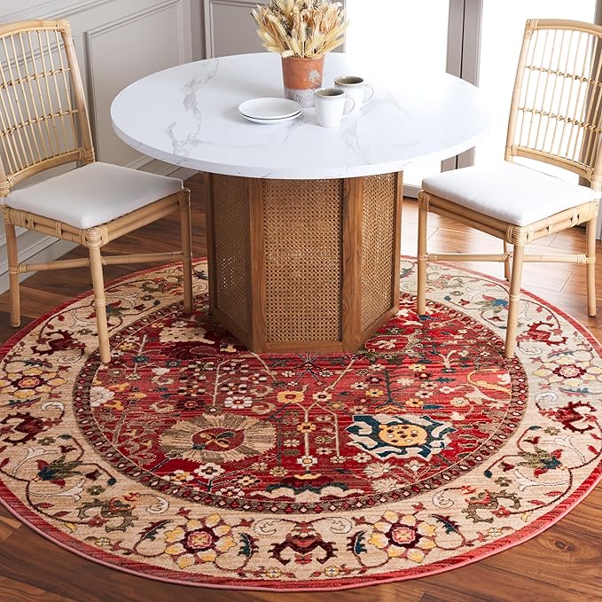 SAFAVIEH Kashan Collection Round Rug - 6'7" Round, Red & Beige, Traditional Design, Stain Resistant, Ideal for High Traffic Areas in Living Room, Bedroom & Dining Room (KSN303L-7R)