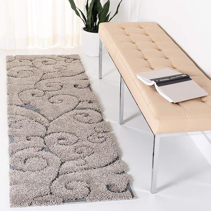 SAFAVIEH Florida Shag Collection Runner Rug - 2'3" x 11', Grey & Light Blue, Scroll Design, Non-Shedding & Easy to Clean, High-Low Plush Pile, Ideal for Bedroom, Foyer, Hallway (SG455-1160)