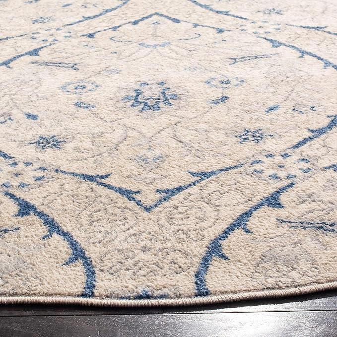 SAFAVIEH Brentwood Collection Area Rug - 6'7" Round, Light Grey & Blue, Floral Damask Ogee Trellis Design, Non-Shedding & Easy Care, Ideal for High Traffic Areas in Living Room, Bedroom (BNT860G)