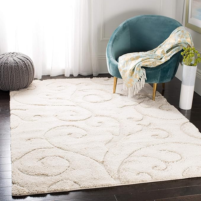 SAFAVIEH Florida Shag Collection Accent Rug - 3'3" x 5'3", Cream & Cream, Scroll Design, Non-Shedding & Easy Care, High-Low Plush Pile, Ideal for Living Room, Bedroom, Dining Space (SG455-1111)