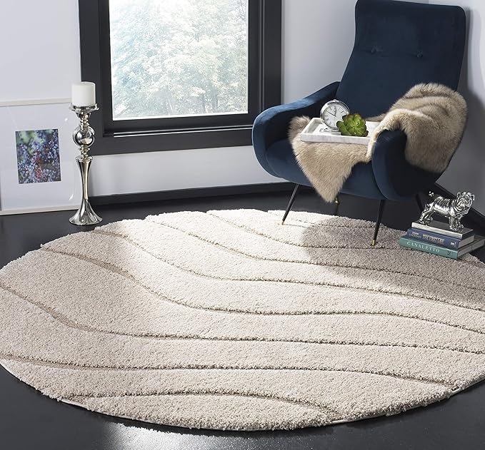 SAFAVIEH Florida Shag Collection Area Rug - 6'7" Round, Cream & Beige, Non-Shedding & Easy Care, 1.2-inch Thick Ideal for High Traffic Areas in Living Room, Bedroom (SG472-1113)