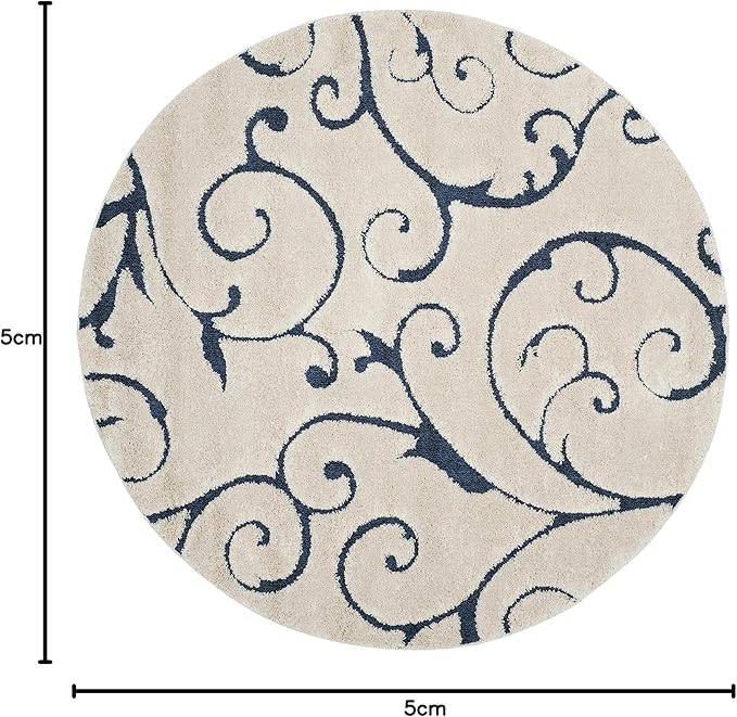 SAFAVIEH Florida Shag Collection Area Rug - 5' Round, Cream & Blue, Scroll Design, Non-Shedding & Easy to Clean, High-Low Plush Pile, Ideal for Living Room, Bedroom, Dining Space (SG455-1165)