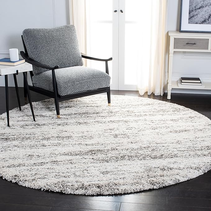 SAFAVIEH Hudson Shag Collection Area Rug - 5'3" Round, Ivory/Grey, Geometric Design, Plush 1.9 Inch Thick Ideal for High Traffic Areas in Living Room, Bedroom, Dining (SGH206A)
