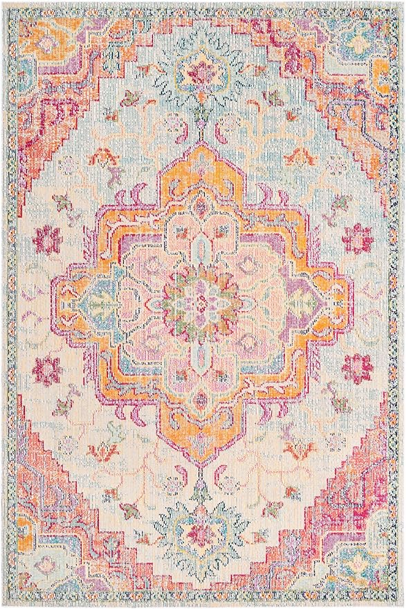 SAFAVIEH Crystal Collection Area Rug - 5' x 8', Light Blue & Fuchsia, Medallion Distressed Design, Non-Shedding & Easy Care, Ideal for High Traffic Areas in Living Room, Bedroom (CRS501B)