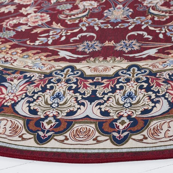 SAFAVIEH Washable Rug Tucson Collection - 4' Round, Red & Navy, Slip Resistant & Easy to Clean, Ideal for Foyer, Kitchen, Nursery, Office, Bedroom (TSN135Q)