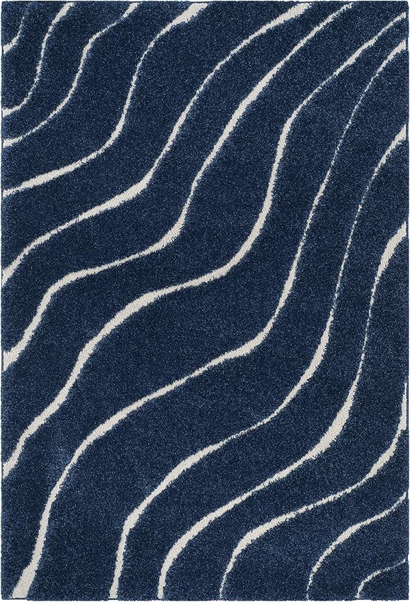 SAFAVIEH Florida Shag Collection Area Rug - 6' x 9', Dark Blue & Cream, Non-Shedding & Easy Care, 1.2-inch Thick Ideal for High Traffic Areas in Living Room, Bedroom (SG472-6511)