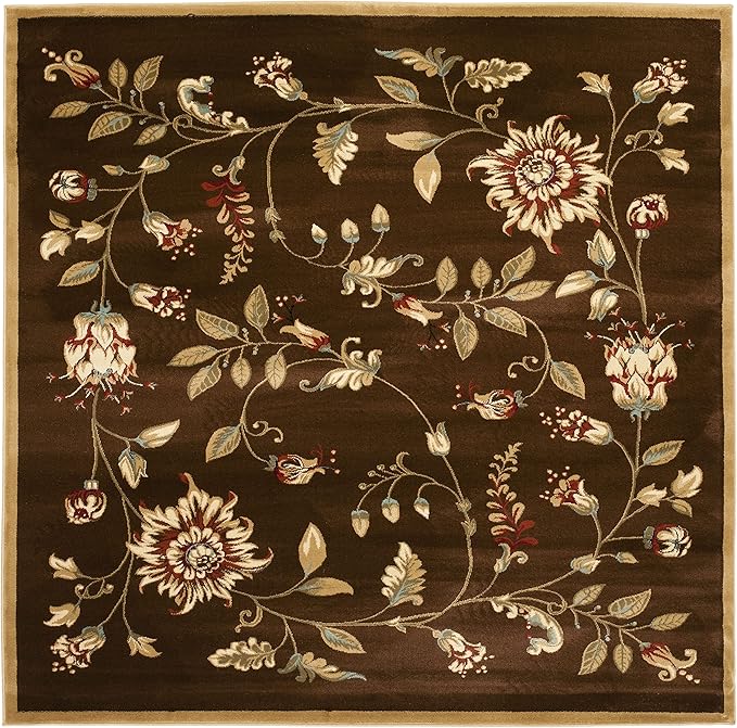 SAFAVIEH Lyndhurst Collection Area Rug - 6'7" Square, Brown & Multi, Traditional Floral Design, Non-Shedding & Easy Care, Ideal for High Traffic Areas in Living Room, Bedroom (LNH552-2591)