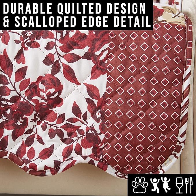 Great Bay Home Reversible Patchwork Chair Cover - Washable Slipcover Furniture Protector with Elastic Straps - Chair Cover for Dogs, Kids, and Pets - Box-Stitched Detail (Chair, Burgundy)
