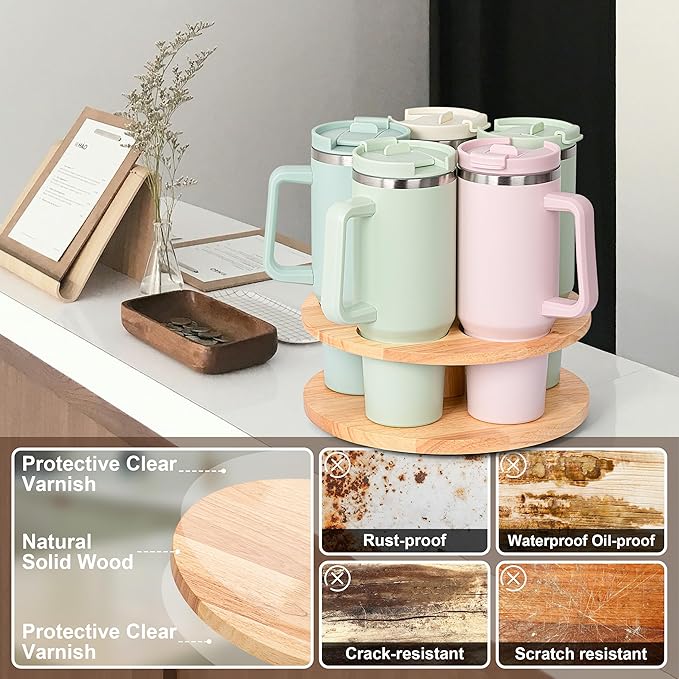 MyLifeUNIT Water Bottle Organizer for Stanley Cups 40oz/30oz/20oz, 360° Rotating Wooden Tumbler Organizer, Stanley Cup Holder for Cabinet Storage (Yellow)