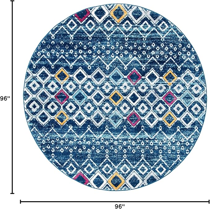 SAFAVIEH Amsterdam Collection Area Rug - 8' Round, Navy & Turquoise, Moroccan Boho Design, Non-Shedding & Easy Care, Ideal for High Traffic Areas in Living Room, Bedroom, Dining (AMS108M-8R)