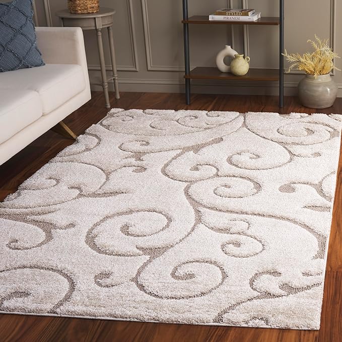 SAFAVIEH Florida Shag Collection Area Rug - 5'3" x 7'6", Cream & Beige, Scroll Design, Non-Shedding & Easy to Clean, High-Low Plush Pile, Ideal for Living Room, Bedroom, Dining Space (SG455-1113)