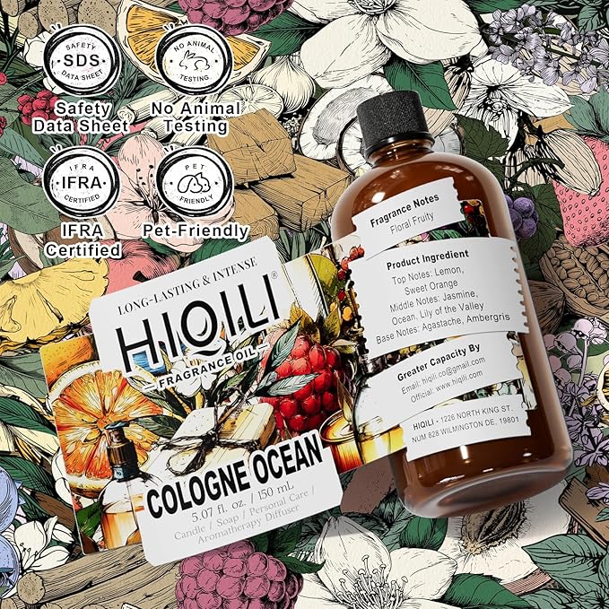 HIQILI Cologne Ocean Fragrance Oil, Sweet Orange & Ocean Scents, for Making Candle, Bath Bombs, Long-Lasting Scents for Home Diffuser - 5.07 Fl Oz