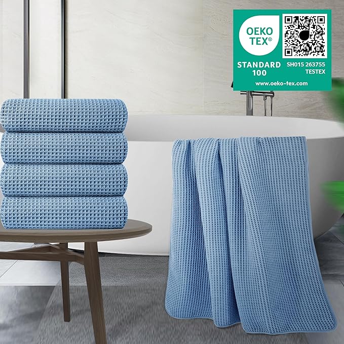 POLYTE 430 GSM Microfiber Oversize Quick Dry Lint Free Bath Towel, 60 x 30 in, 4 Pack (Waffle Weave)