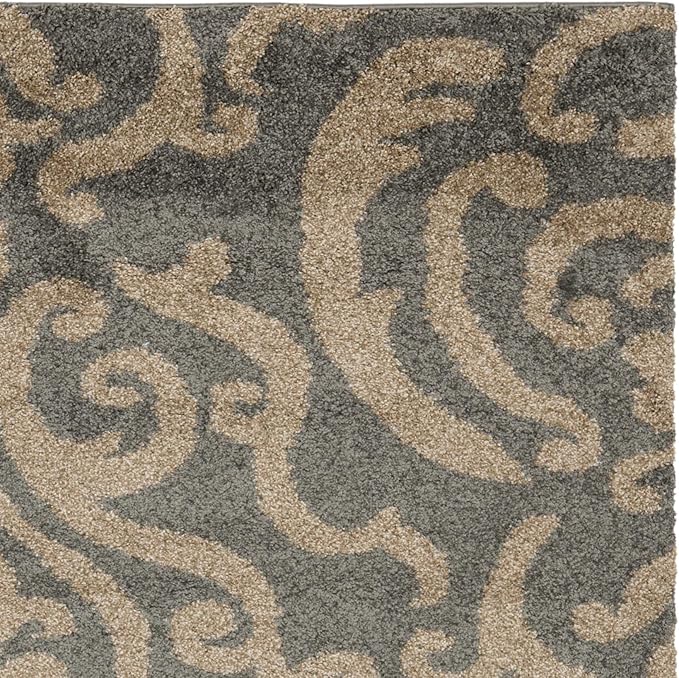SAFAVIEH Florida Shag Collection Runner Rug - 2'3" x 7', Grey & Beige, Damask Design, Non-Shedding & Easy Care, 1.2-inch Thick Ideal for High Traffic Areas in Living Room, Bedroom (SG462-8013)
