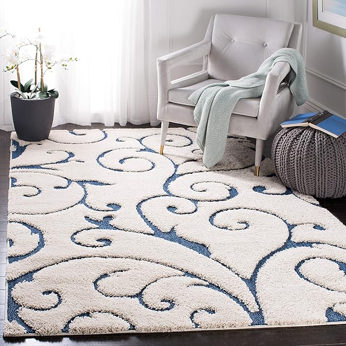 SAFAVIEH Florida Shag Collection Area Rug - 5' Square, Cream & Blue, Scroll Design, Non-Shedding & Easy to Clean, High-Low Plush Pile, Ideal for Living Room, Bedroom, Dining Space (SG455-1165)