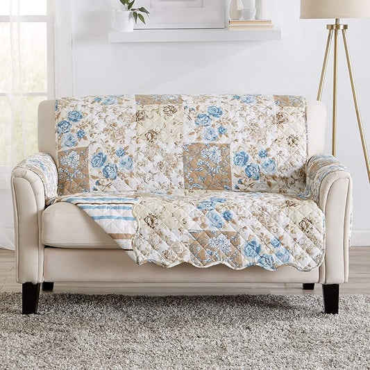 Great Bay Home Reversible Floral Patchwork Furniture Protector - Machine Washable, Scalloped Edge, Stain Resistant, Printed Furniture Cover for Dogs, Kids, and Pets (Loveseat, Taupe/Blue)