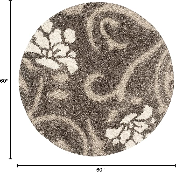 SAFAVIEH Florida Shag Collection Area Rug - 5' Round, Smoke & Beige, Floral Design, Non-Shedding & Easy Care, 1.2-inch Thick Ideal for High Traffic Areas in Living Room, Bedroom (SG464-7913)
