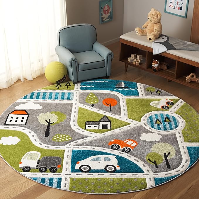 SAFAVIEH Carousel Kids Collection Area Rug - 6'7" Round, Green & Grey, Non-Shedding & Easy Care, Ideal for High Traffic Areas for Boys & Girls in Playroom, Nursery, Bedroom (CRK193Y)